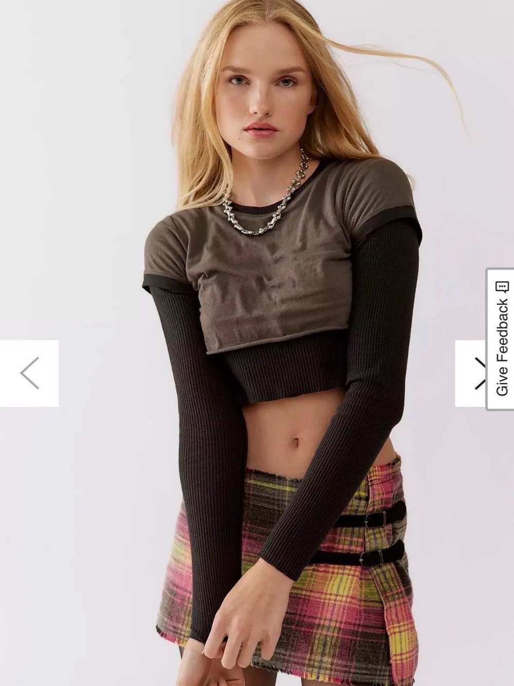 BDG Olive Cropped Tee Over Black Ribbed Long-Sleeve